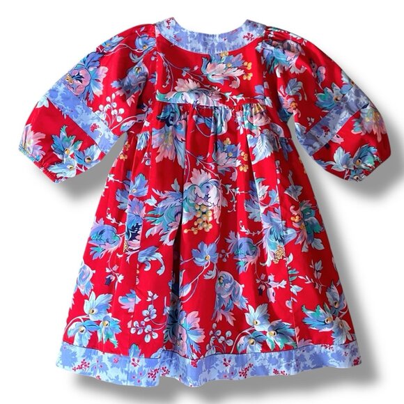 Vintage 90s Mousefeathers Girls Peasant Dress Sz 4 Boho Red Floral Midi A-line - Picture 7 of 10